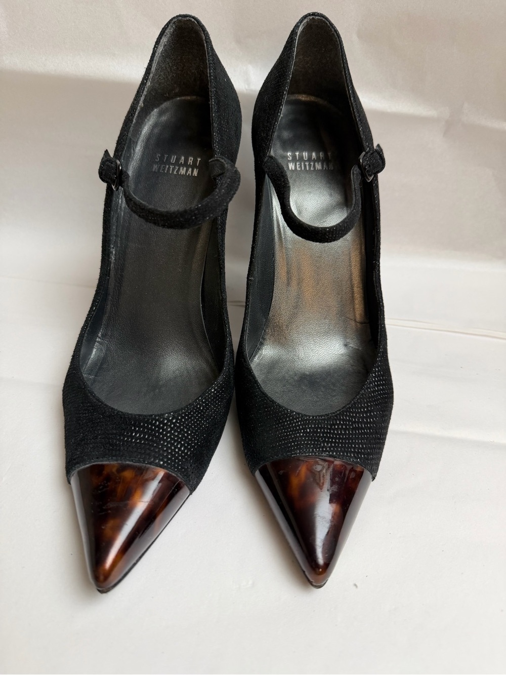 Stuart Weitzman Black Mary Jane Pumps with Tortoiseshell Pointed Caps